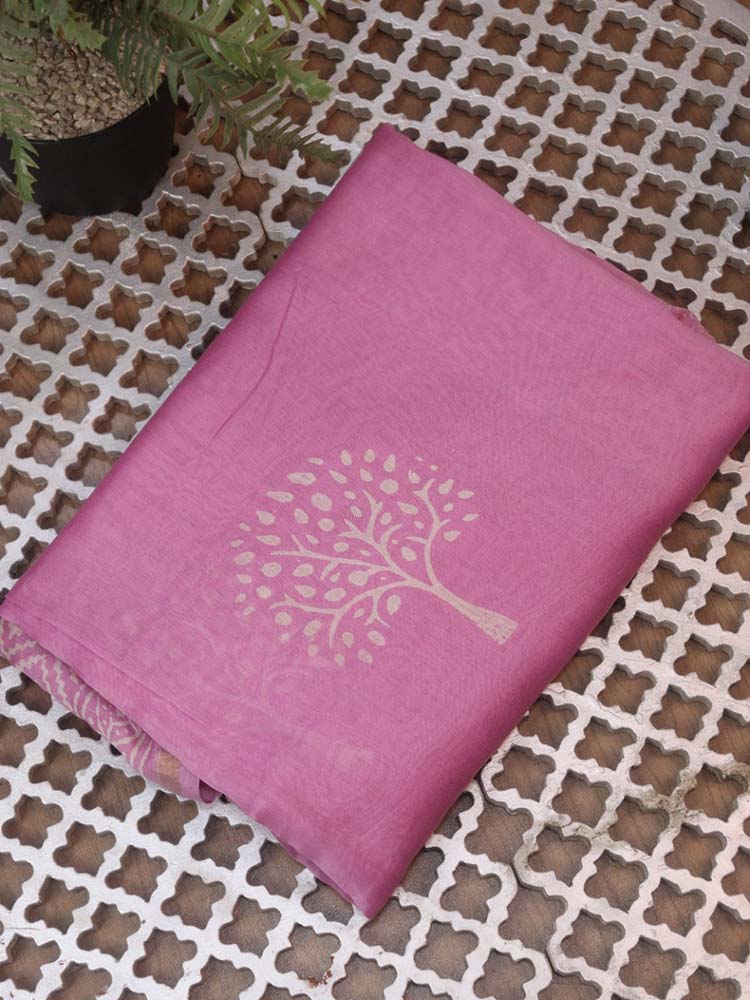 Pink Hand Block Printed Chanderi Silk Saree - Luxurion World