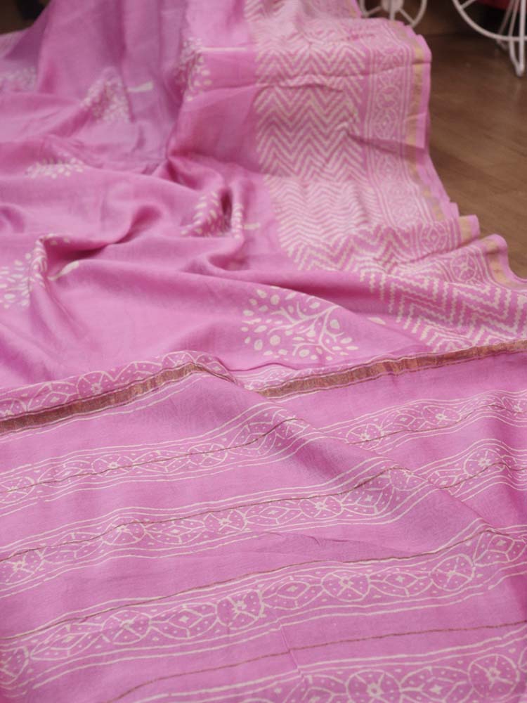 Pink Hand Block Printed Chanderi Silk Saree - Luxurion World