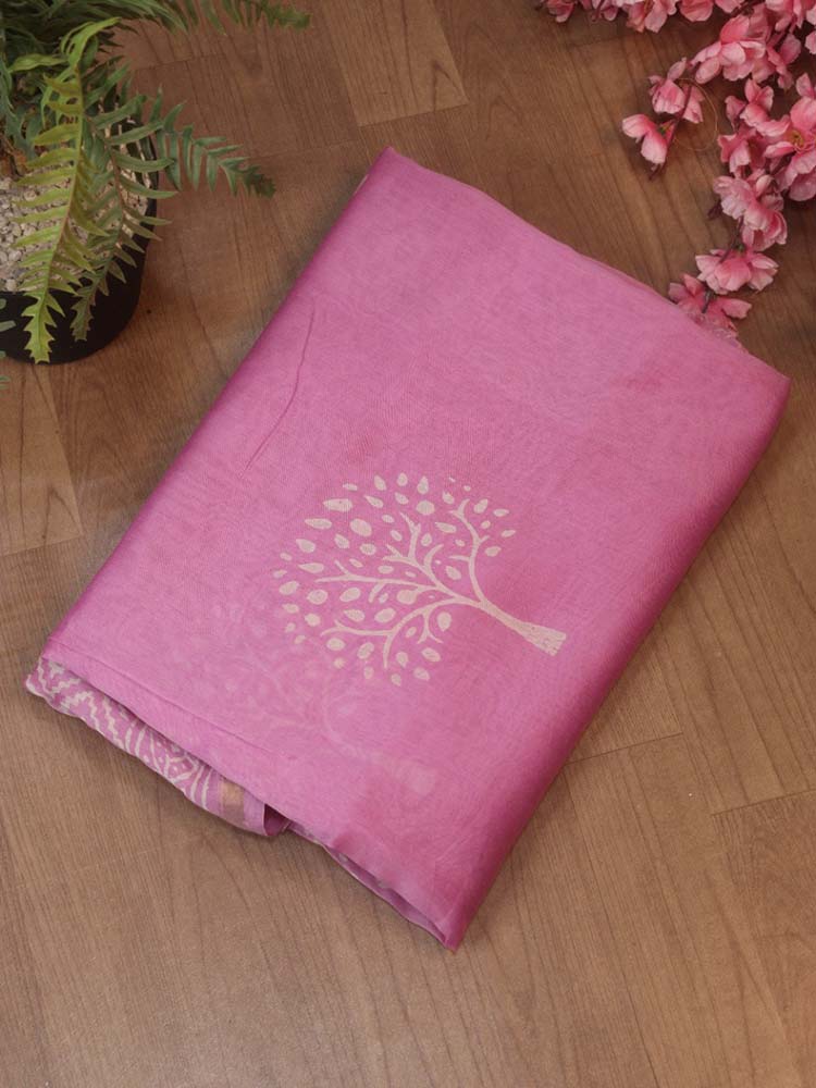 Pink Hand Block Printed Chanderi Silk Saree - Luxurion World