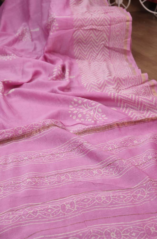 Pink Hand Block Printed Chanderi Silk Saree - Luxurion World