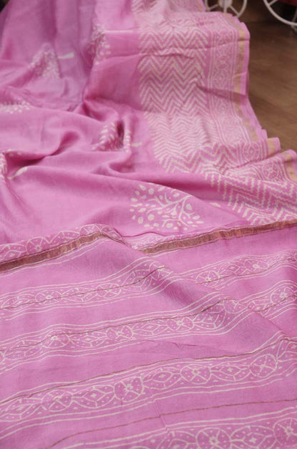 Pink Hand Block Printed Chanderi Silk Saree - Luxurion World