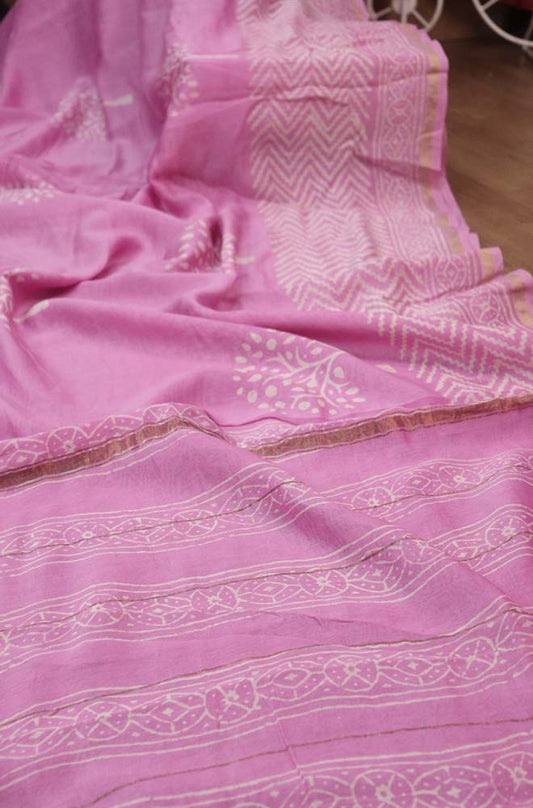 Pink Hand Block Printed Chanderi Silk Saree - Luxurion World