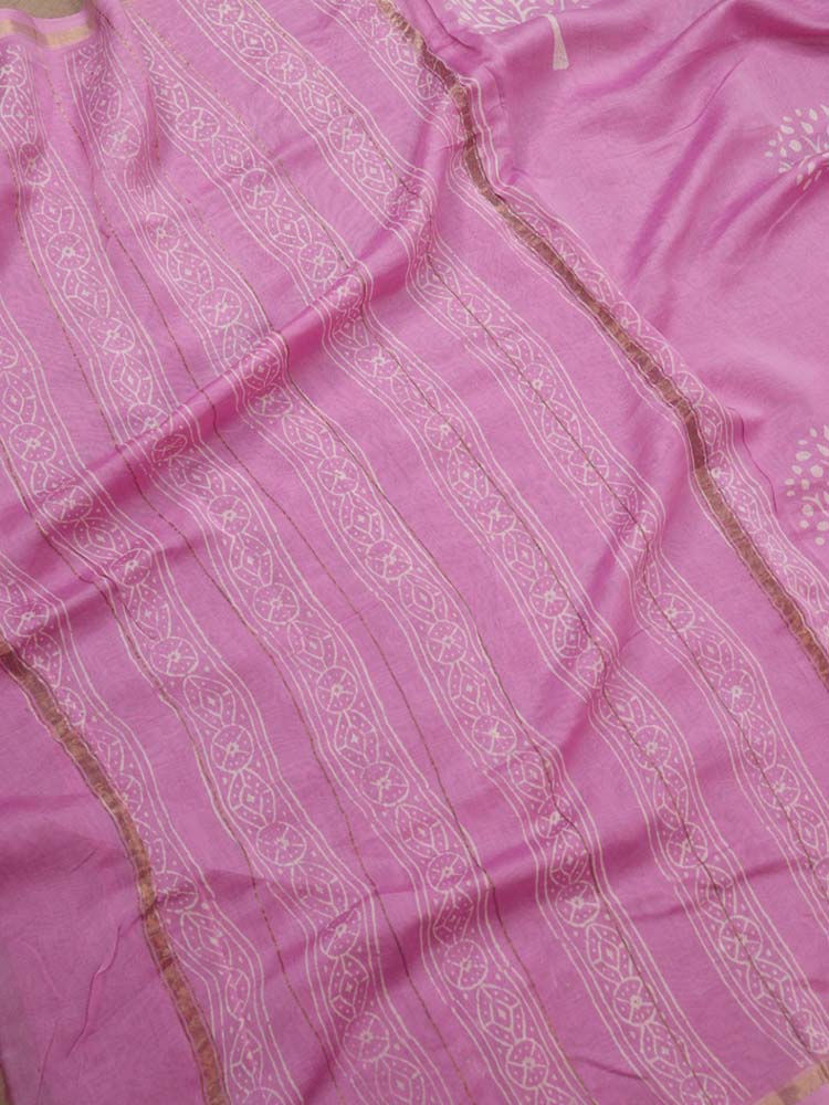 Pink Hand Block Printed Chanderi Silk Saree - Luxurion World