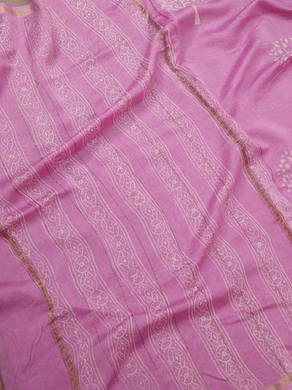 Pink Hand Block Printed Chanderi Silk Saree - Luxurion World
