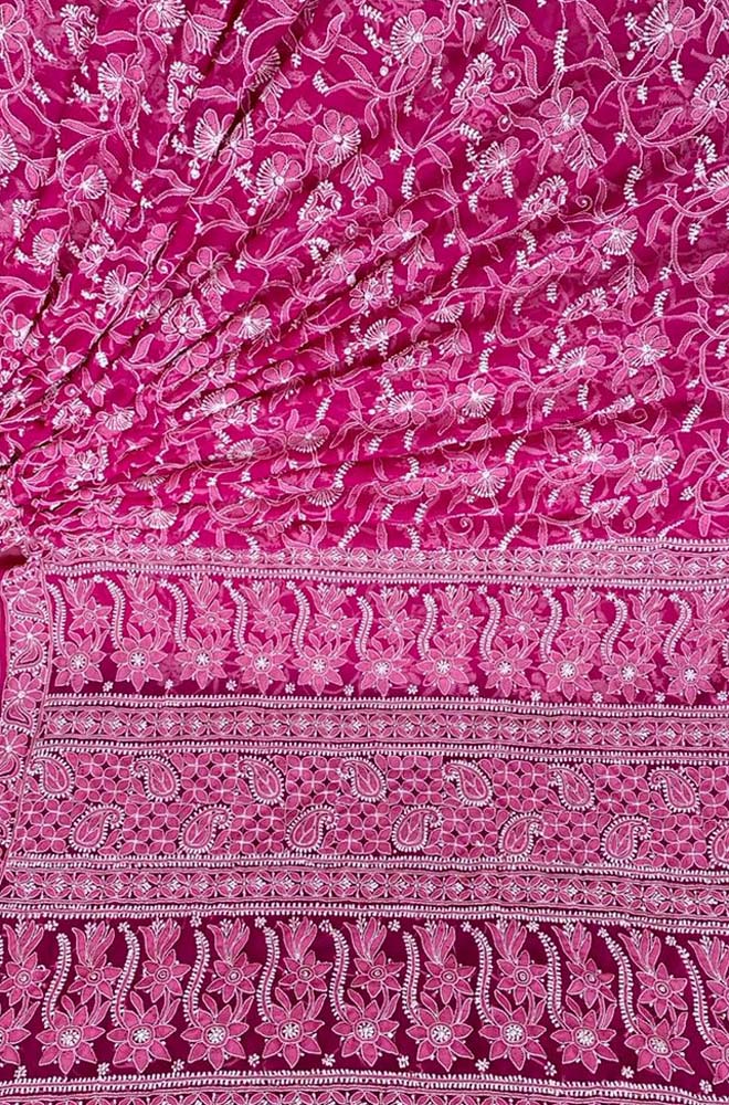 Pink Hand Embroidered Chikankari Chiffon Georgette Saree - Luxurion World