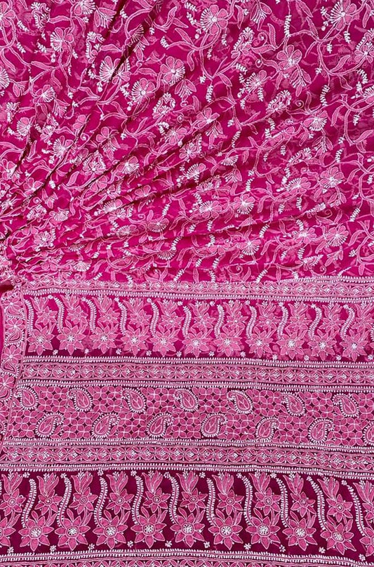Pink Hand Embroidered Chikankari Chiffon Georgette Saree - Luxurion World