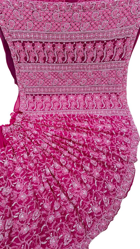 Pink Hand Embroidered Chikankari Chiffon Georgette Saree - Luxurion World