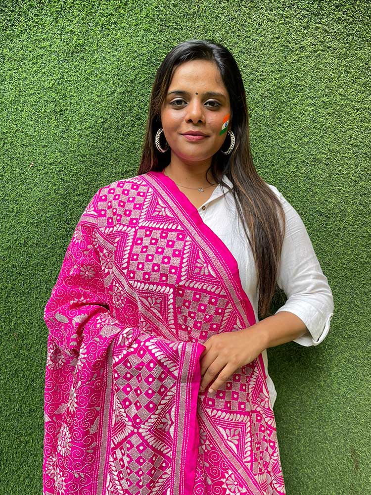 Pink Hand Embroidered Kantha Bangalore Silk Dupatta - Luxurion World