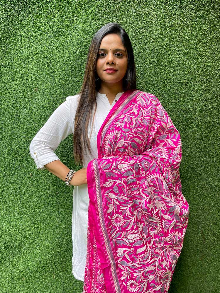 Pink Hand Embroidered Kantha Bangalore Silk Dupatta - Luxurion World