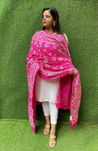 Pink Hand Embroidered Kantha Bangalore Silk Dupatta - Luxurion World