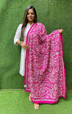 Pink Hand Embroidered Kantha Bangalore Silk Dupatta - Luxurion World