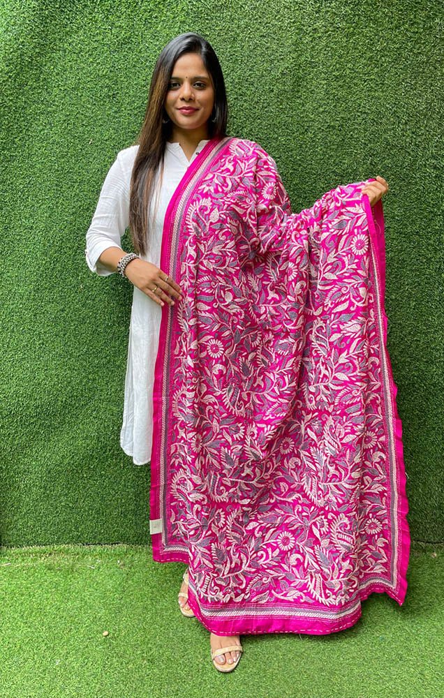 Pink Hand Embroidered Kantha Bangalore Silk Dupatta - Luxurion World