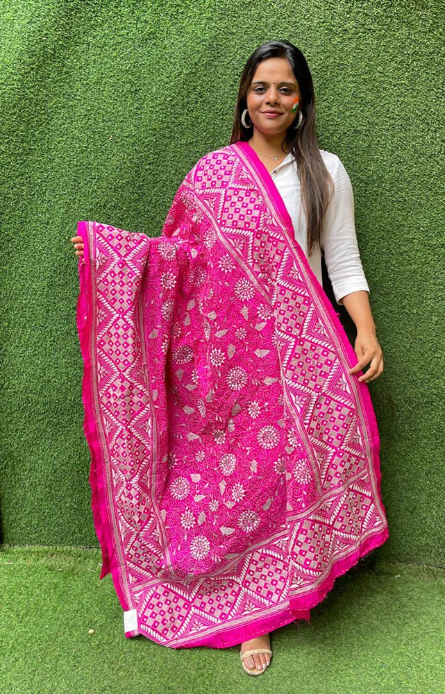 Pink Hand Embroidered Kantha Bangalore Silk Dupatta - Luxurion World