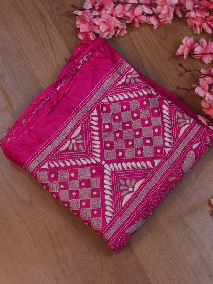 Pink Hand Embroidered Kantha Bangalore Silk Dupatta