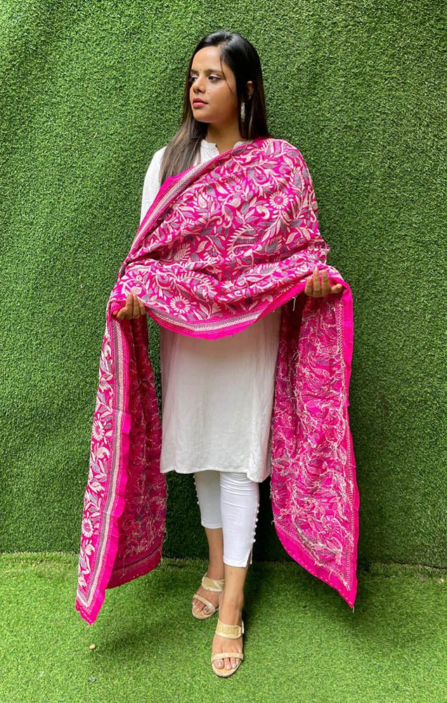 Pink Hand Embroidered Kantha Bangalore Silk Dupatta - Luxurion World