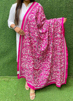 Pink Hand Embroidered Kantha Bangalore Silk Dupatta - Luxurion World