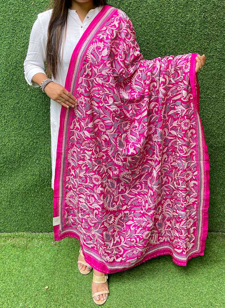Pink Hand Embroidered Kantha Bangalore Silk Dupatta - Luxurion World
