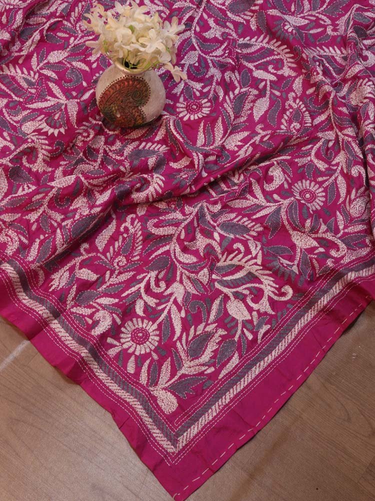 Pink Hand Embroidered Kantha Bangalore Silk Dupatta - Luxurion World