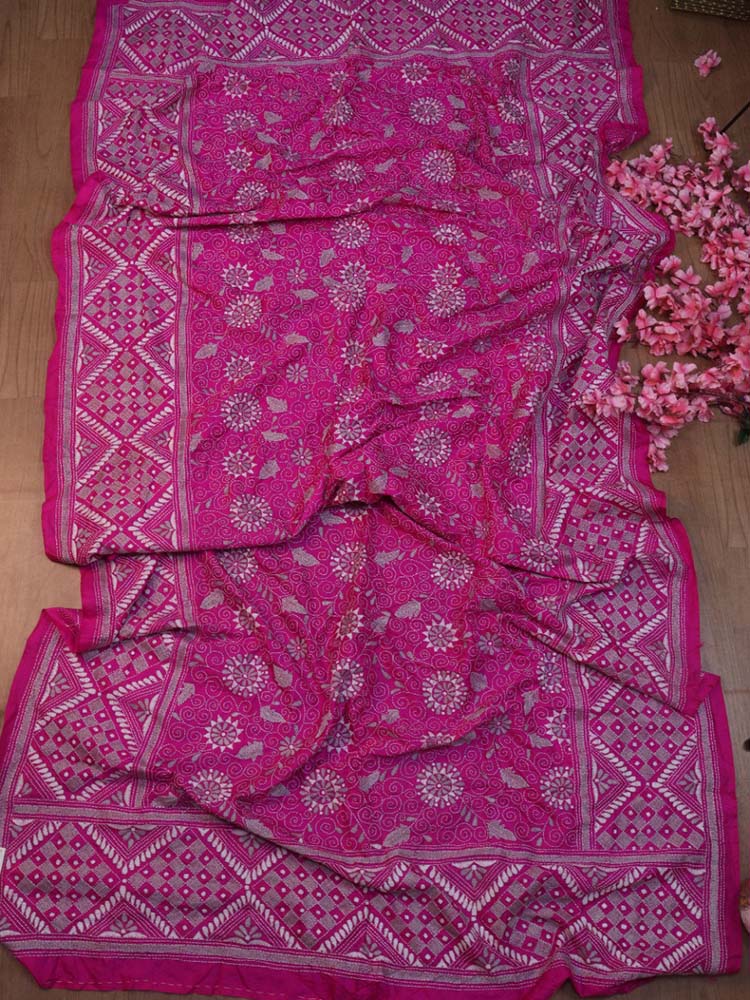 Pink Hand Embroidered Kantha Bangalore Silk Dupatta - Luxurion World