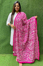 Pink Hand Embroidered Kantha Bangalore Silk Dupatta - Luxurion World