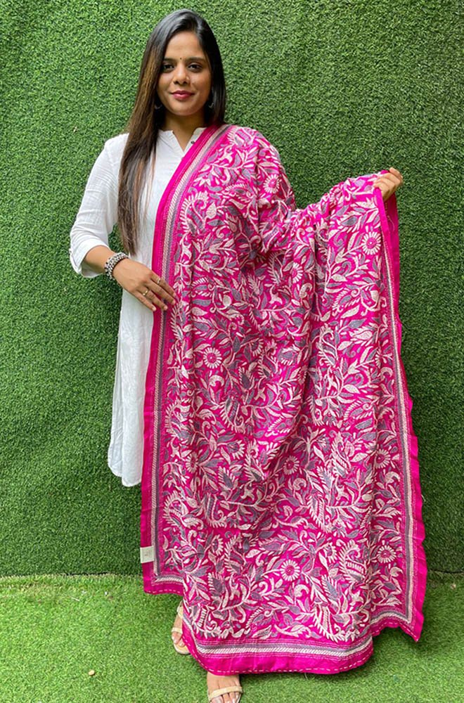 Pink Hand Embroidered Kantha Bangalore Silk Dupatta - Luxurion World