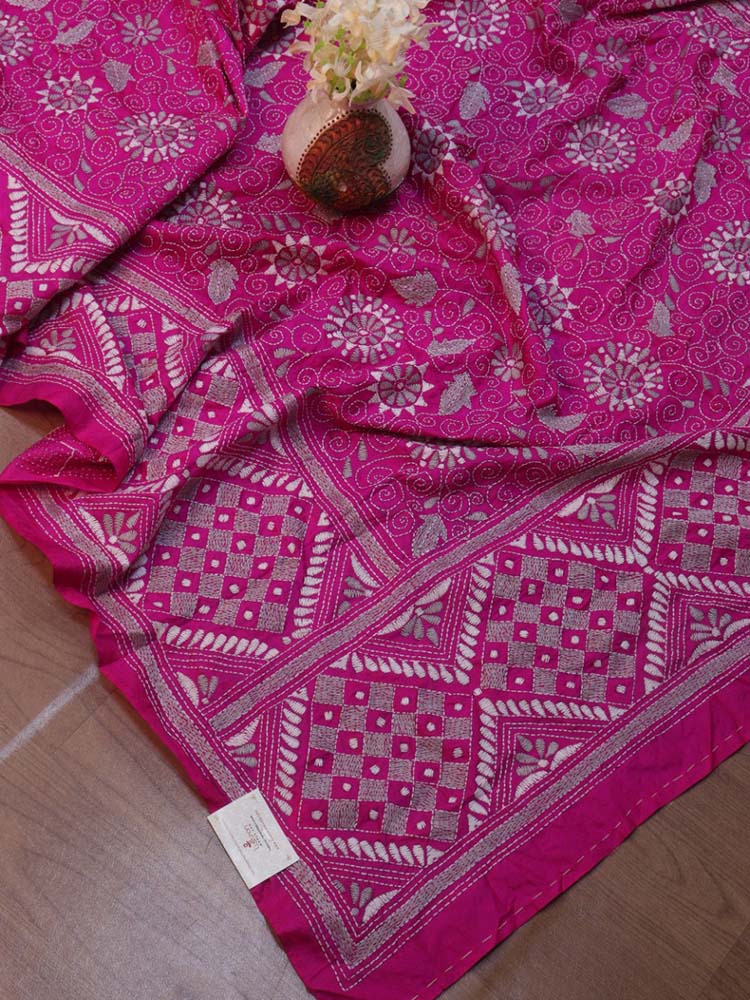 Pink Hand Embroidered Kantha Bangalore Silk Dupatta - Luxurion World