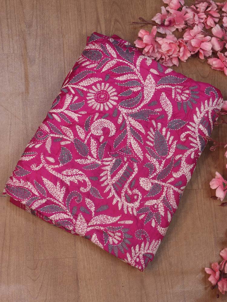Pink Hand Embroidered Kantha Bangalore Silk Dupatta - Luxurion World