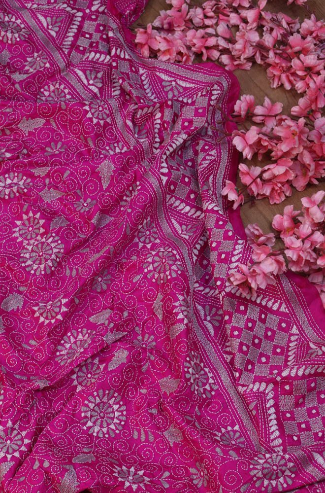 Pink Hand Embroidered Kantha Bangalore Silk Dupatta - Luxurion World