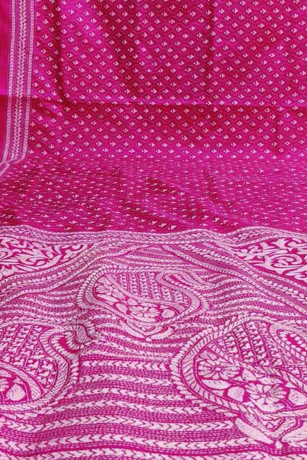 Pink Hand Embroidered Kantha Bangalore Silk Saree Luxurionworld