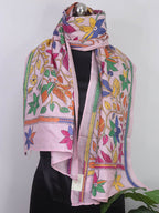 Pink Hand Embroidered Kantha Pure Bangalore Silk Stole - Luxurion World
