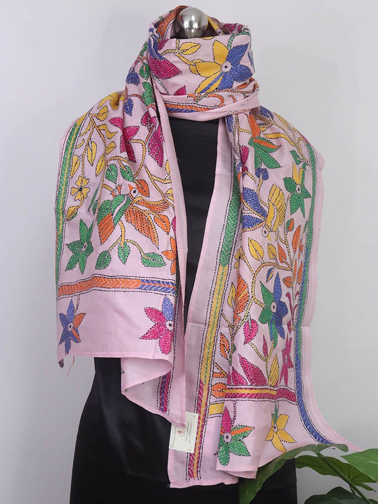 Pink Hand Embroidered Kantha Pure Bangalore Silk Stole - Luxurion World