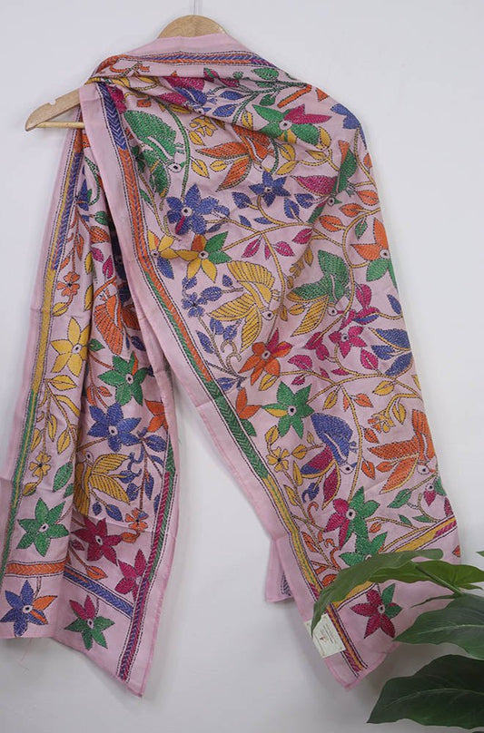Pink Hand Embroidered Kantha Pure Bangalore Silk Stole - Luxurion World
