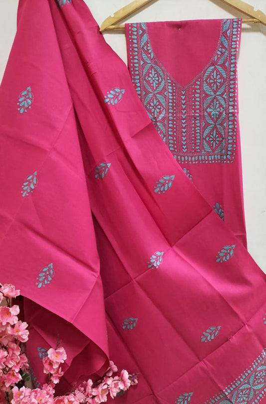 Pink Hand Embroidered Kantha Pure Cotton Three Piece Unstitched Suit Set - Luxurion World