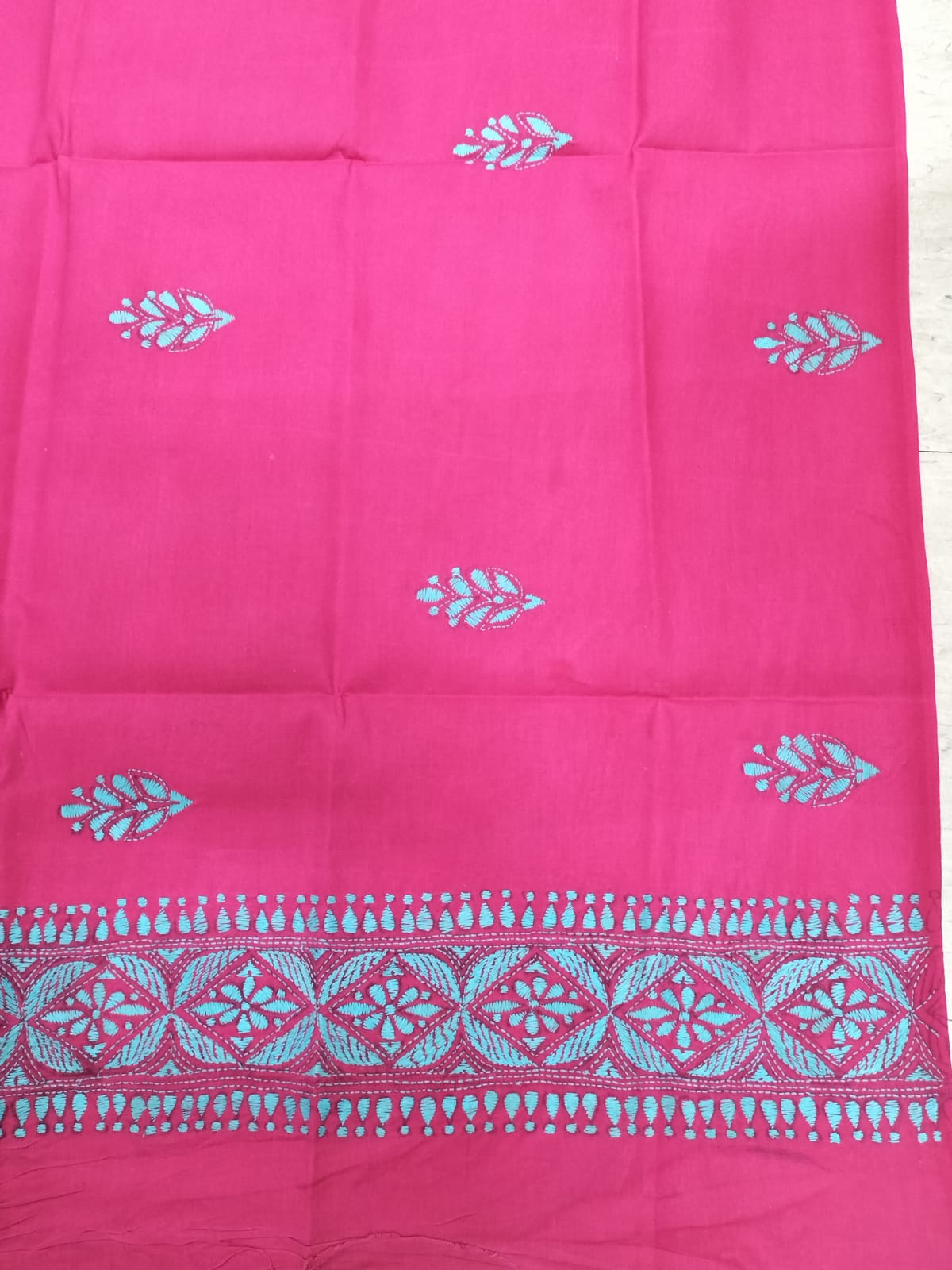 Pink Hand Embroidered Kantha Pure Cotton Three Piece Unstitched Suit Set - Luxurion World