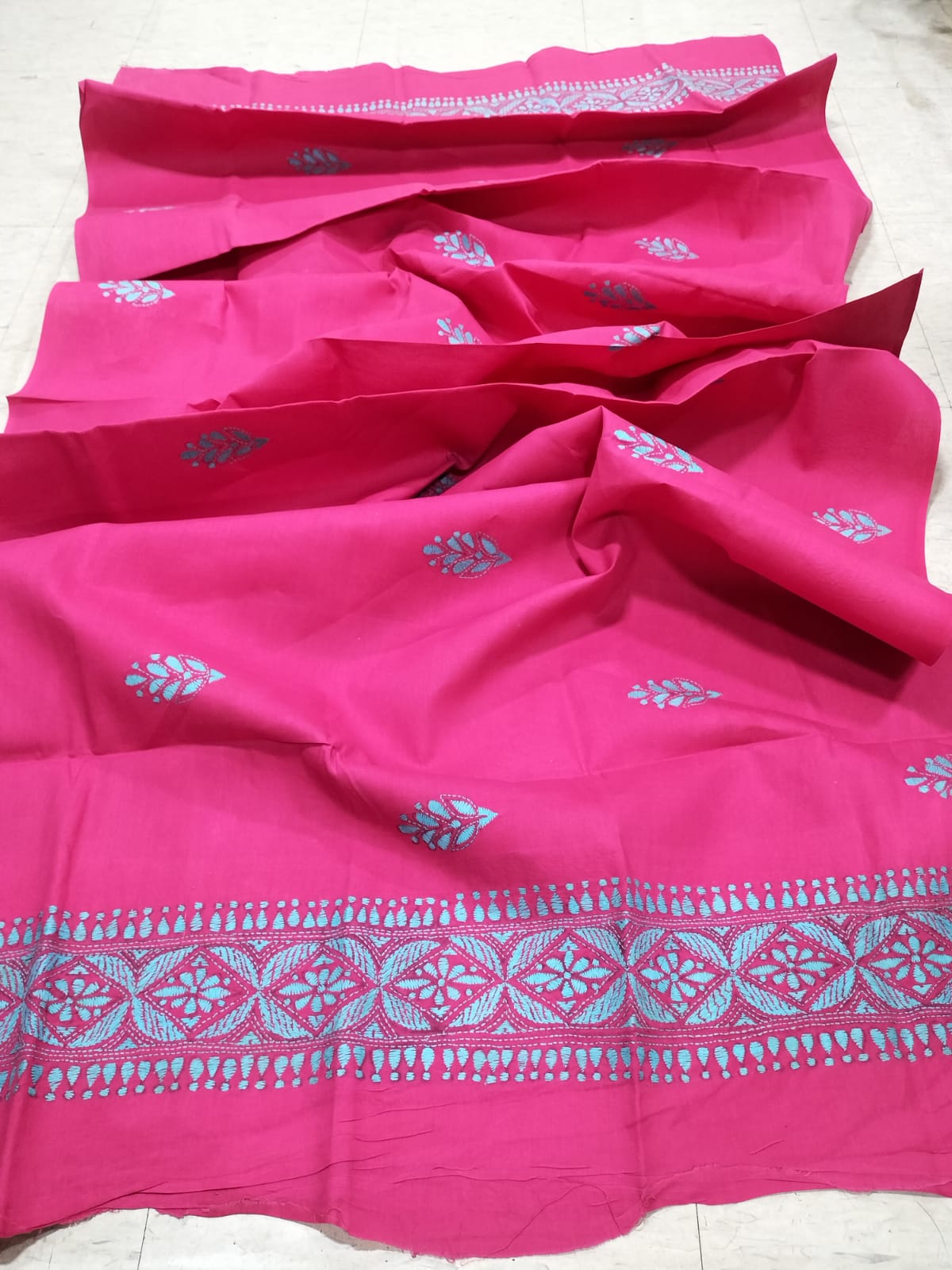 Pink Hand Embroidered Kantha Pure Cotton Three Piece Unstitched Suit Set