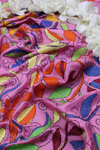 Pink Hand Embroidered Kantha Silk Fabric ( 1 Mtr ) - Luxurion World