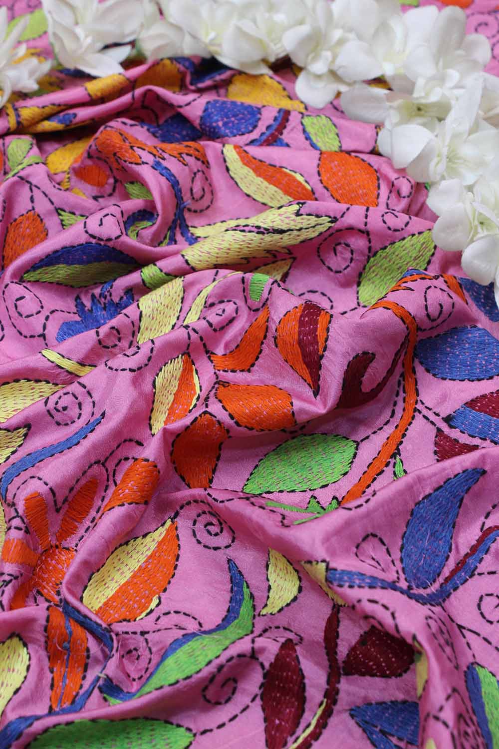Pink Hand Embroidered Kantha Silk Fabric ( 1 Mtr ) - Luxurion World