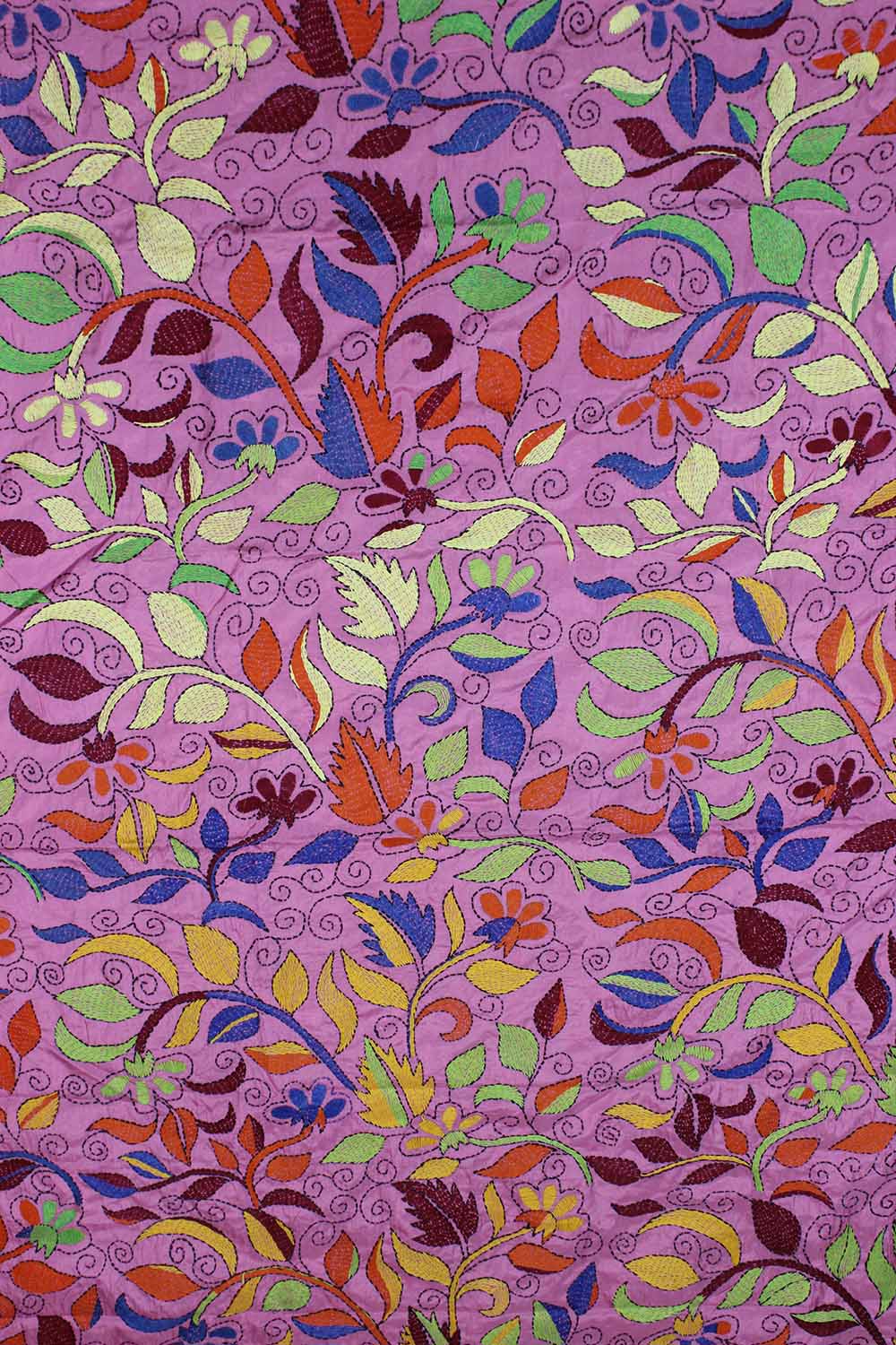Pink Hand Embroidered Kantha Silk Fabric ( 1 Mtr ) - Luxurion World