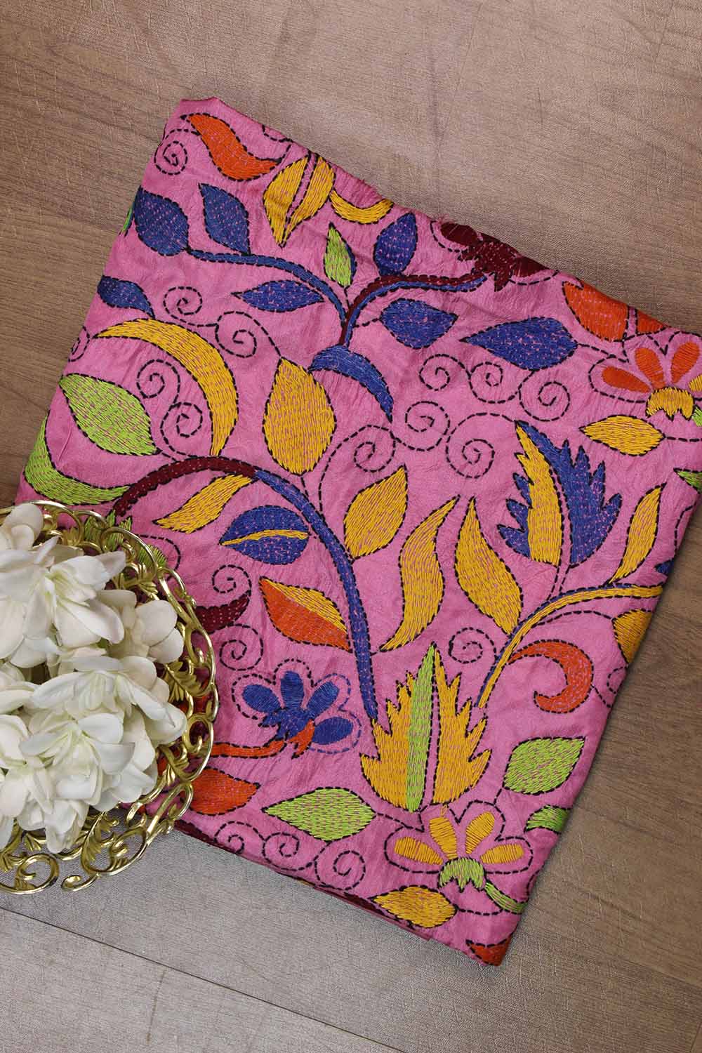 Pink Hand Embroidered Kantha Silk Fabric ( 1 Mtr ) - Luxurion World