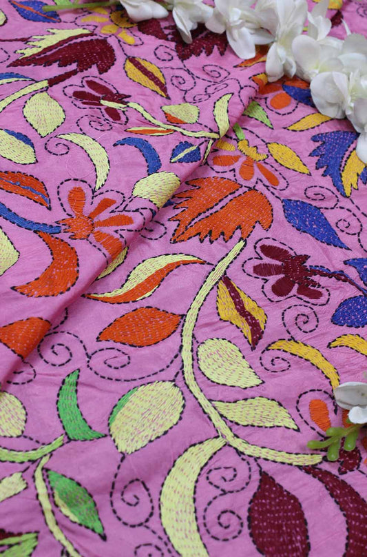 Pink Hand Embroidered Kantha Silk Fabric ( 1 Mtr ) - Luxurion World