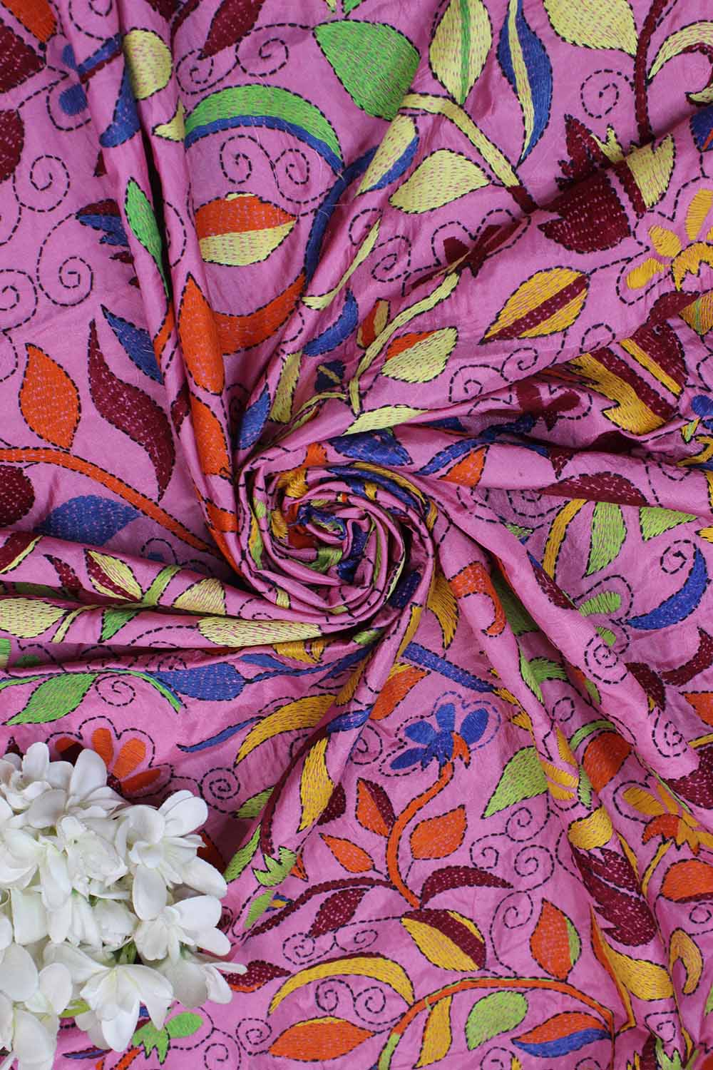 Pink Hand Embroidered Kantha Silk Fabric ( 1 Mtr ) - Luxurion World