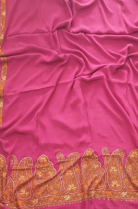 Pink Hand Embroidered Kashmiri Sozni Work Crepe Saree - Luxurion World