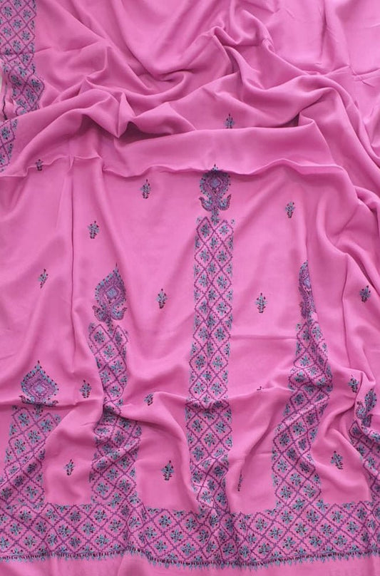 Pink Hand Embroidered Kashmiri Sozni Work Crepe Saree - Luxurion World