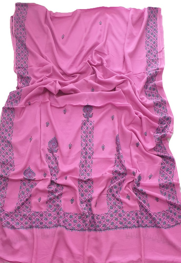Pink Hand Embroidered Kashmiri Sozni Work Crepe Saree - Luxurion World