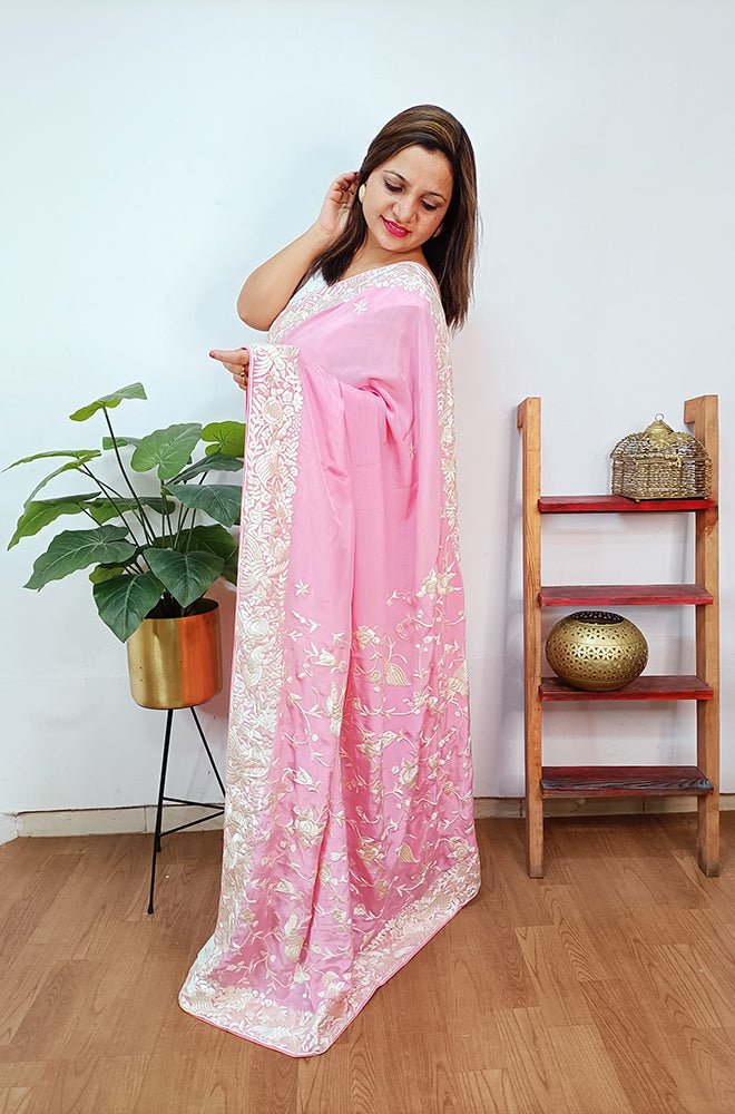 Pink Hand Embroidered Parsi Gara Crepe Floral And Bird Design Saree - Luxurion World