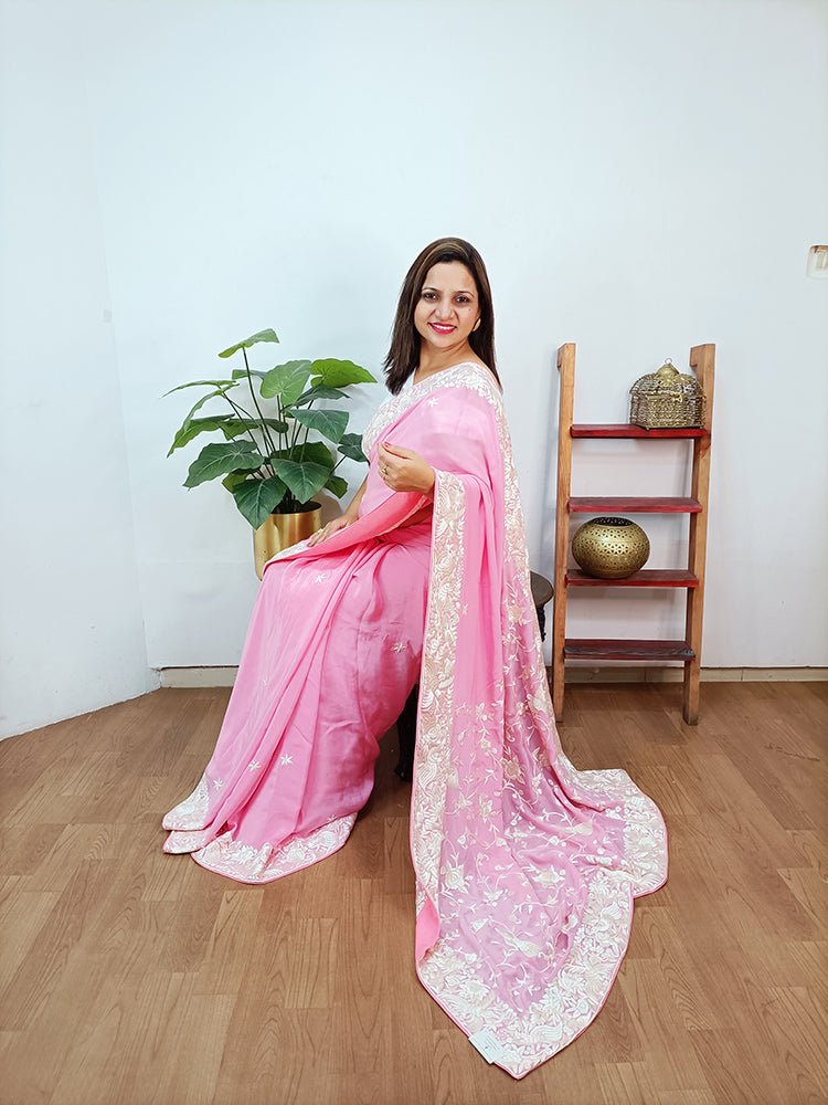 Pink Hand Embroidered Parsi Gara Crepe Floral And Bird Design Saree - Luxurion World