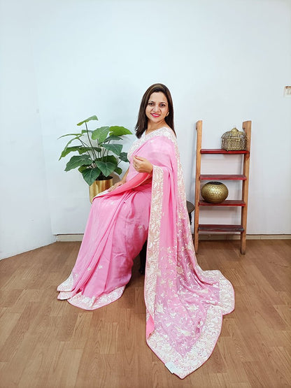 Pink Hand Embroidered Parsi Gara Crepe Floral And Bird Design Saree - Luxurion World