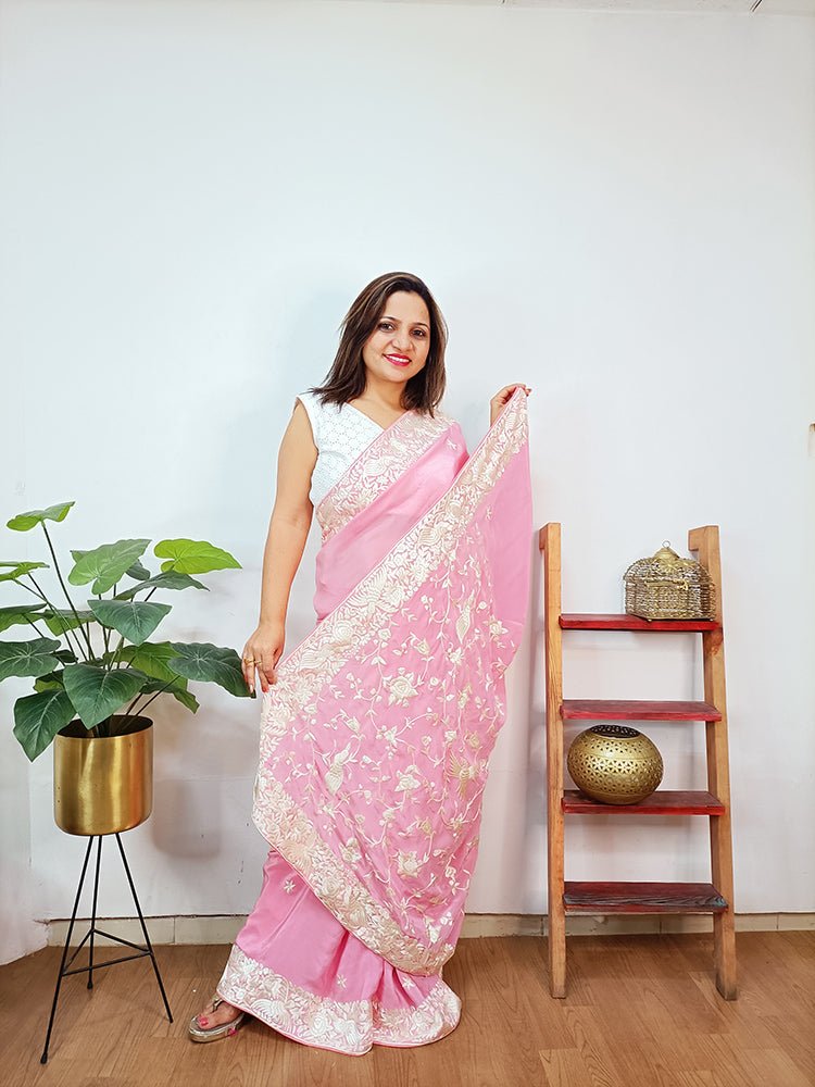 Pink Hand Embroidered Parsi Gara Crepe Floral And Bird Design Saree - Luxurion World