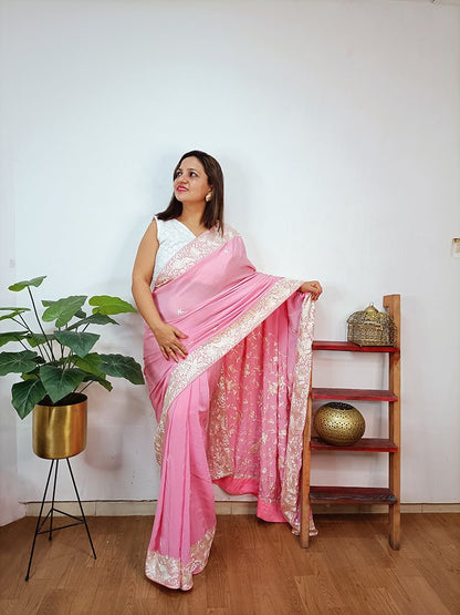 Pink Hand Embroidered Parsi Gara Crepe Floral And Bird Design Saree - Luxurion World