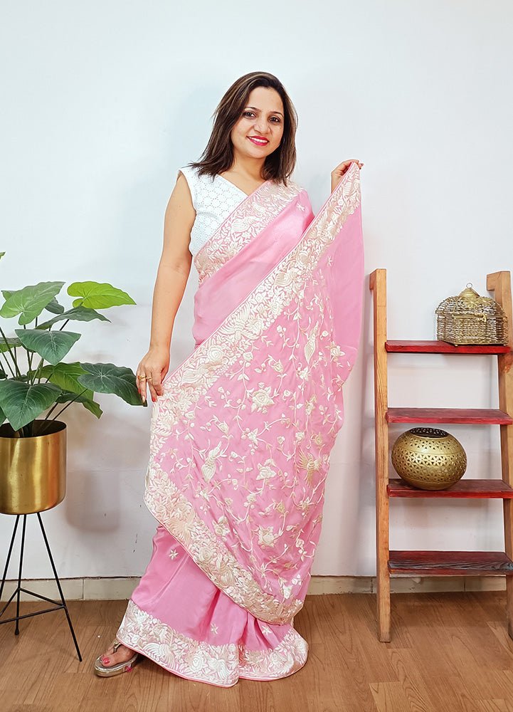 Pink Hand Embroidered Parsi Gara Crepe Floral And Bird Design Saree - Luxurion World